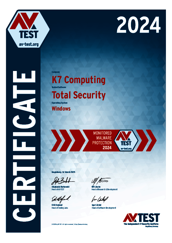 <p>Download as: <a href="/fileadmin/Content/Certification/2024/K7_Computing/avtest_certificate_2024_windows_k7computing_total_security.pdf">PDF</a></p>