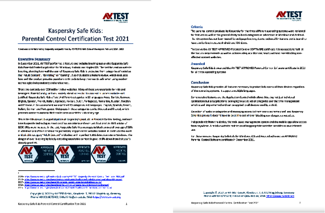 Un test commandé par Kaspersky Kaspersky Safe Kids : Test de certification du contrôle parental 2021