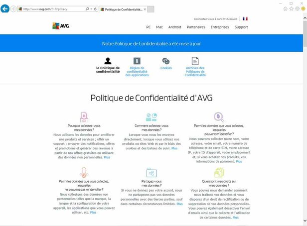 La Politique de Confidentialité du fabricant AVG énonce explicitement