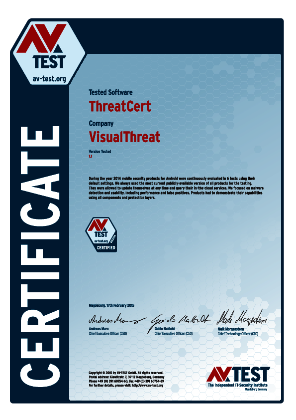 <p>Download as <a href="/fileadmin/Content/Certification/2014/avtest_certificate_mobile_2014_visualthreat.pdf">PDF</a></p>