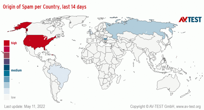 Origin of Spam per Country, last 14 days