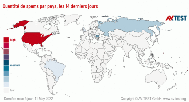 Quantité de spams par pays, les 14 derniers jours