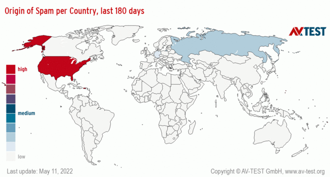 Origin of Spam per Country, last 180 days