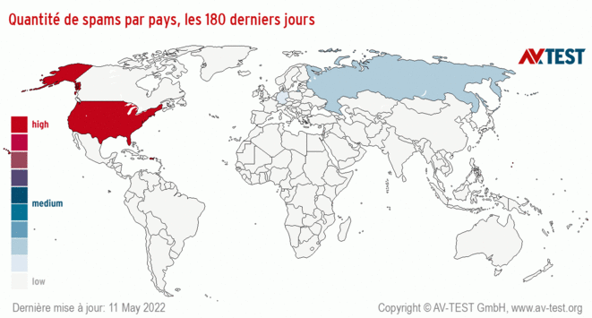 Quantité de spams par pays, les 180 derniers jours